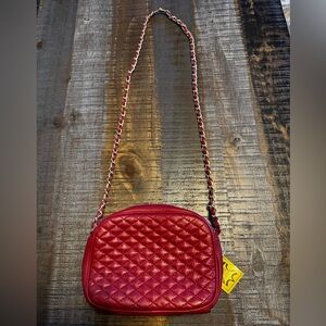 NWT Red Leather Handbag with Gold Chain Strap inside and Outside Pocket